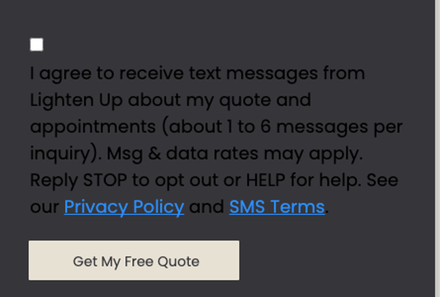 Close-up of the unchecked SMS consent checkbox above the Get My Free Quote button