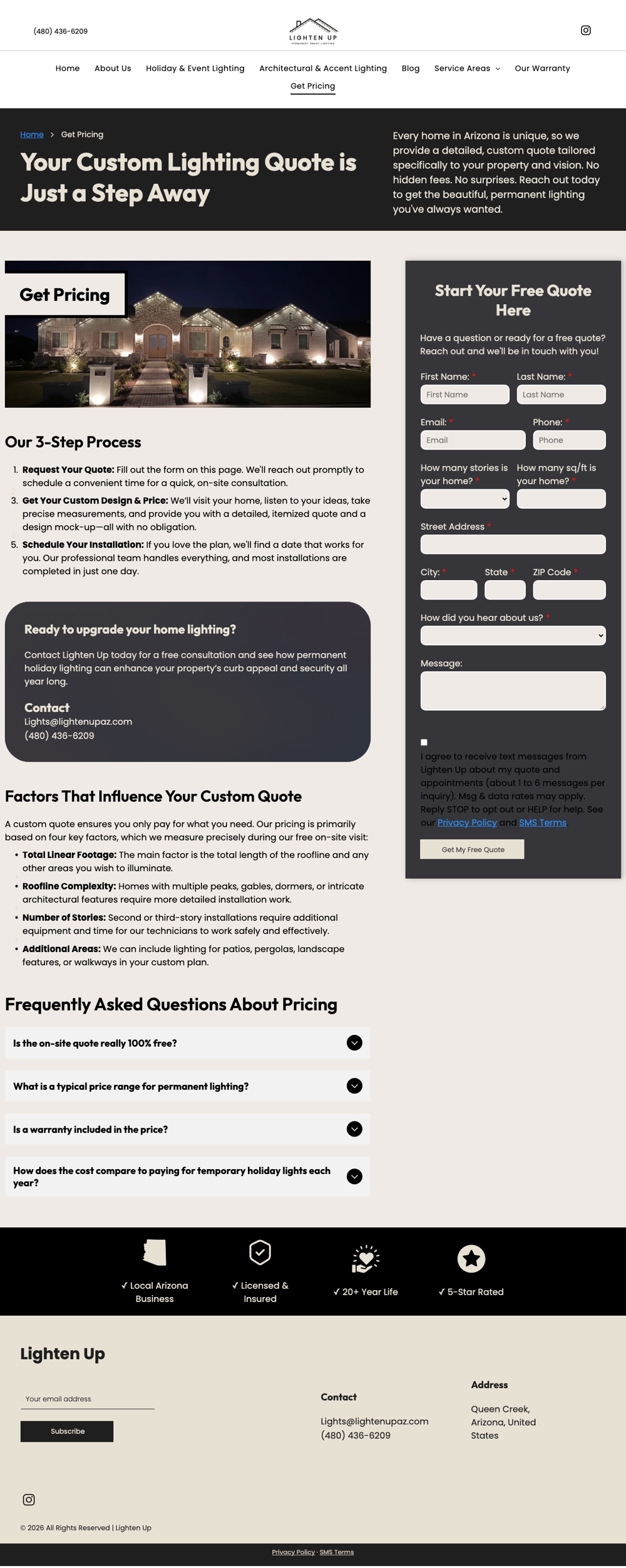 Full screenshot of the lightenupaz.com/contact page