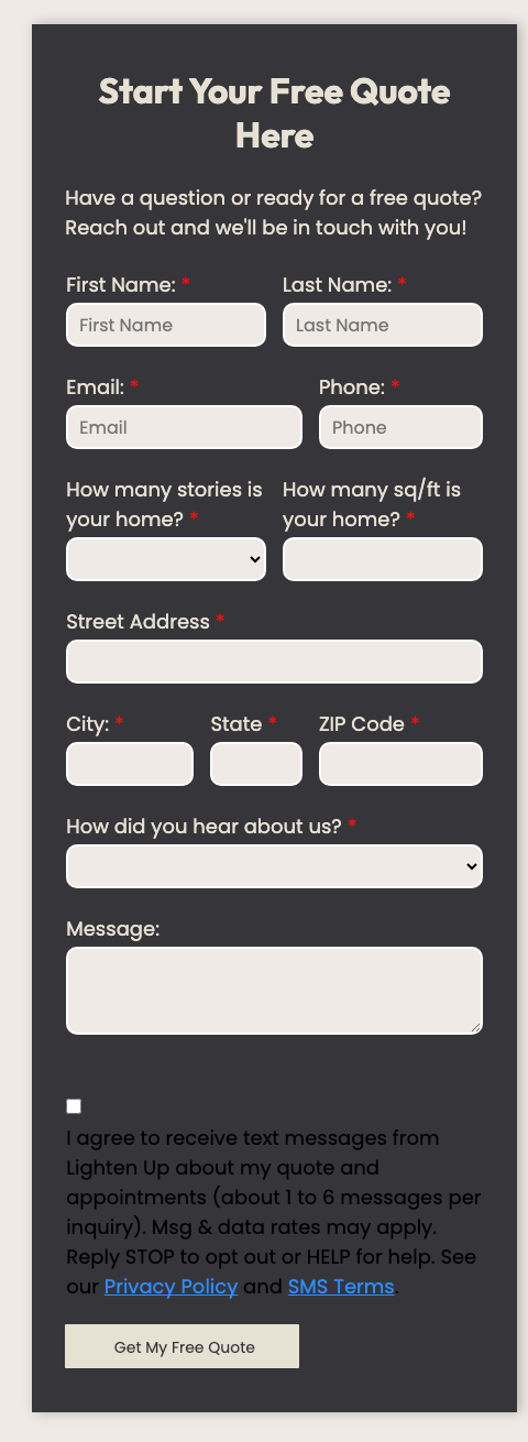 The full quote form with the consent checkbox above the submit button